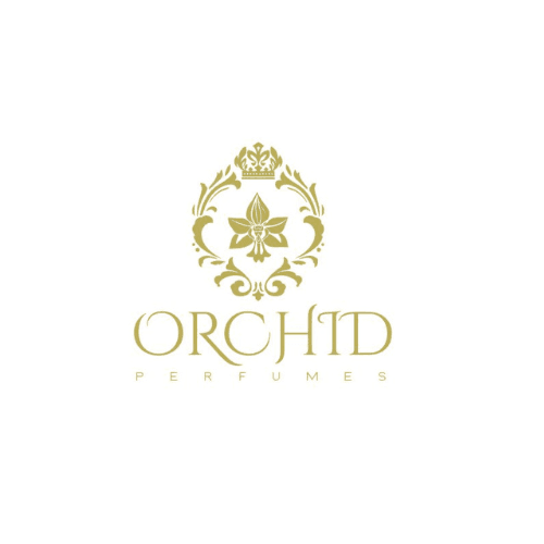 Gold logo of Orchid Perfumes featuring ornate floral designs and a crown above the brand name.