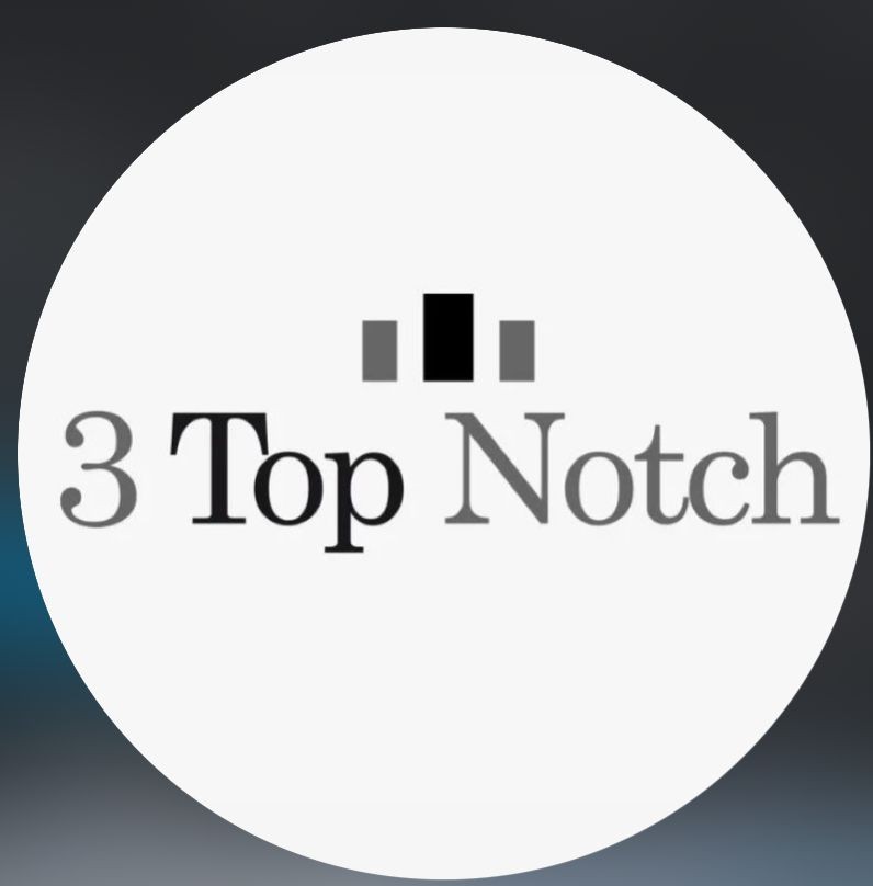 Logo with the text '3 Top Notch' and abstract geometric design above.